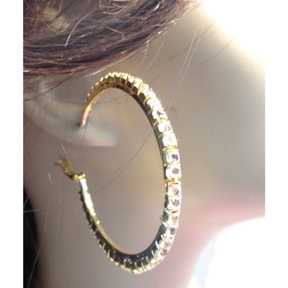 New CZ Rhinestone Lined Gold‎ Hoop Earrings Diamond Round Yellow Sterling 2 inch - Picture 1 of 5